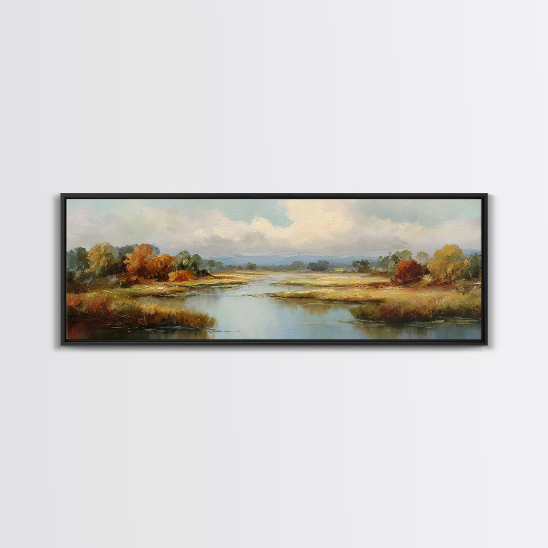 Autumn Leaves Floating on Quiet Stream Canvas Print, Nature Art, Art Print, Living Room Decor, Oil Painting, Nature, NAT-3x1-70
