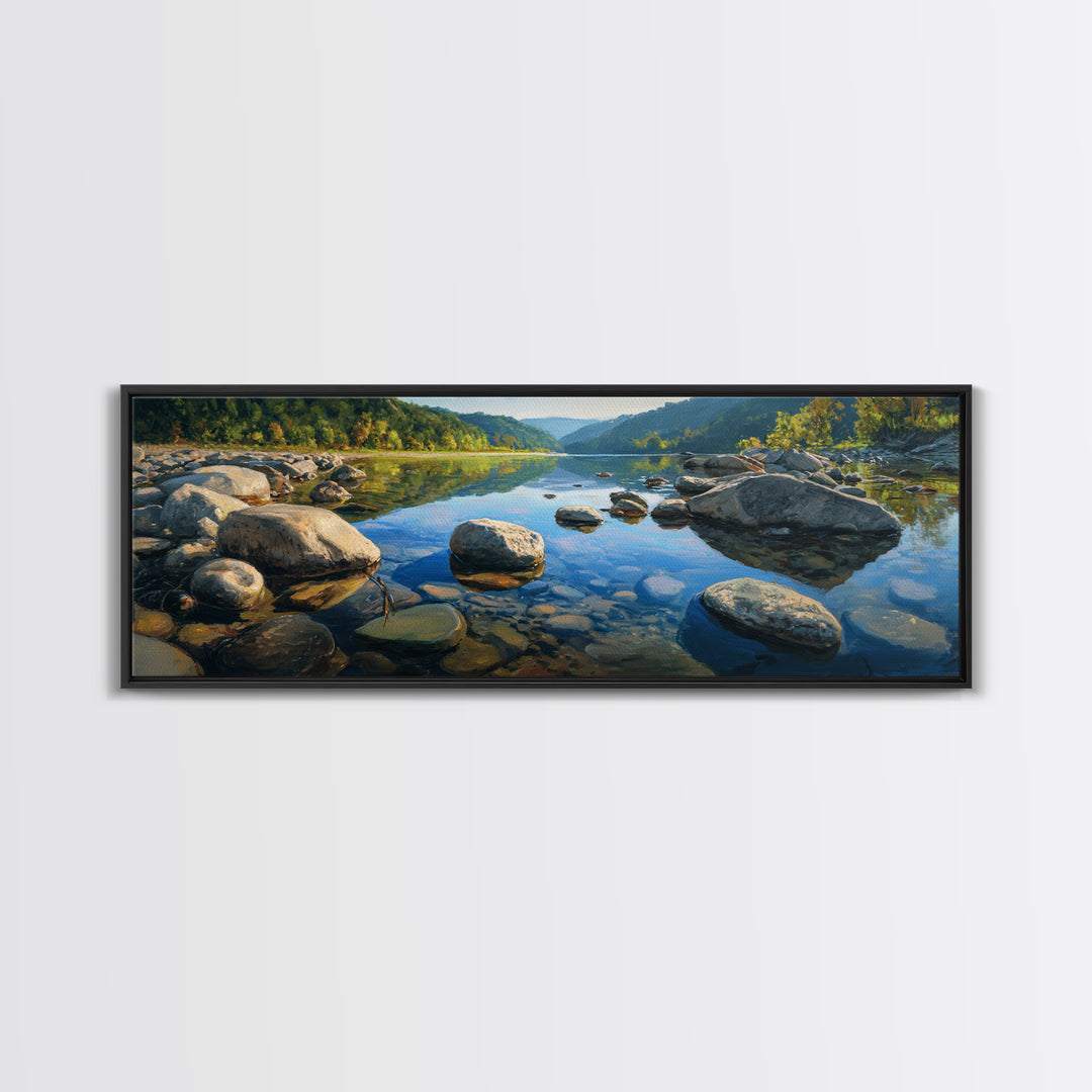 River Stones under Clear Shallow Water Framed Canvas Print, Nature Art, Stained Glass Art, Living Room Decor, Fine Art, Nature, NAT-3x1-77