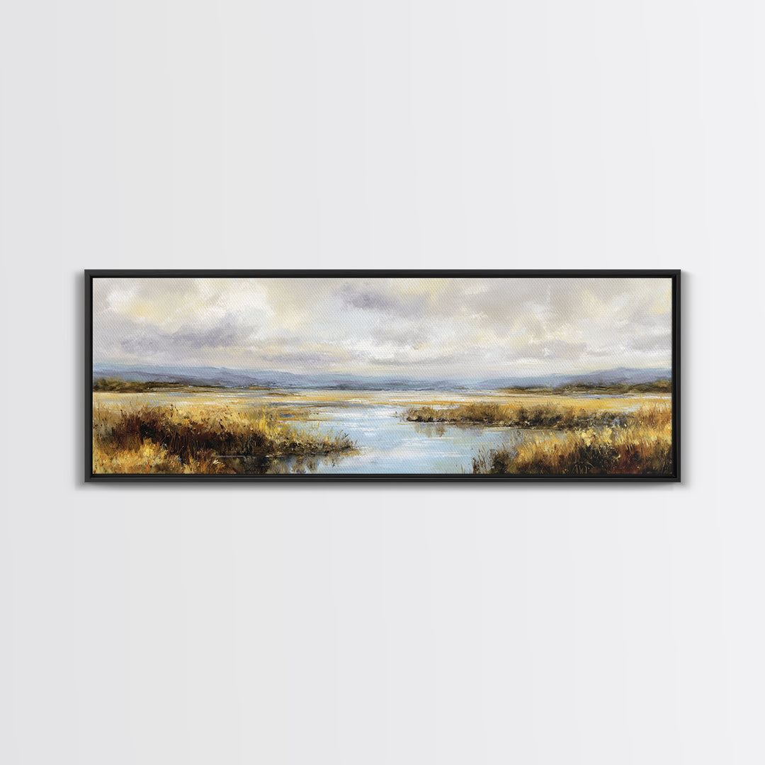 Dragonfly over a Pond with Reeds Framed Canvas Print, Nature Art, Wood Wall Art, Living Room Decor, Fine Art, Nature, NAT-3x1-82