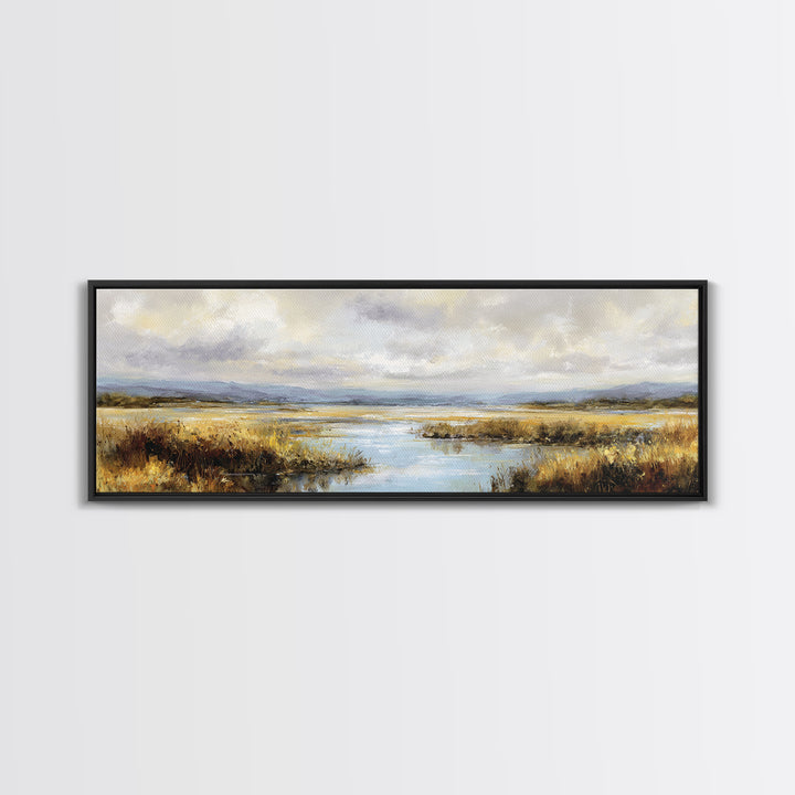 Dragonfly over a Pond with Reeds Framed Canvas Print, Nature Art, Wood Wall Art, Living Room Decor, Fine Art, Nature, NAT-3x1-82