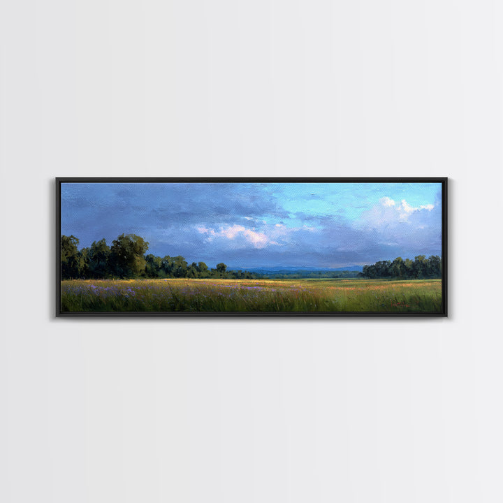 Wildflower Meadow under Soft Summer Sky Framed Canvas Print, Nature Art, Stained Glass Art, Living Room Decor, Fine Art, Nature, NAT-3x1-90