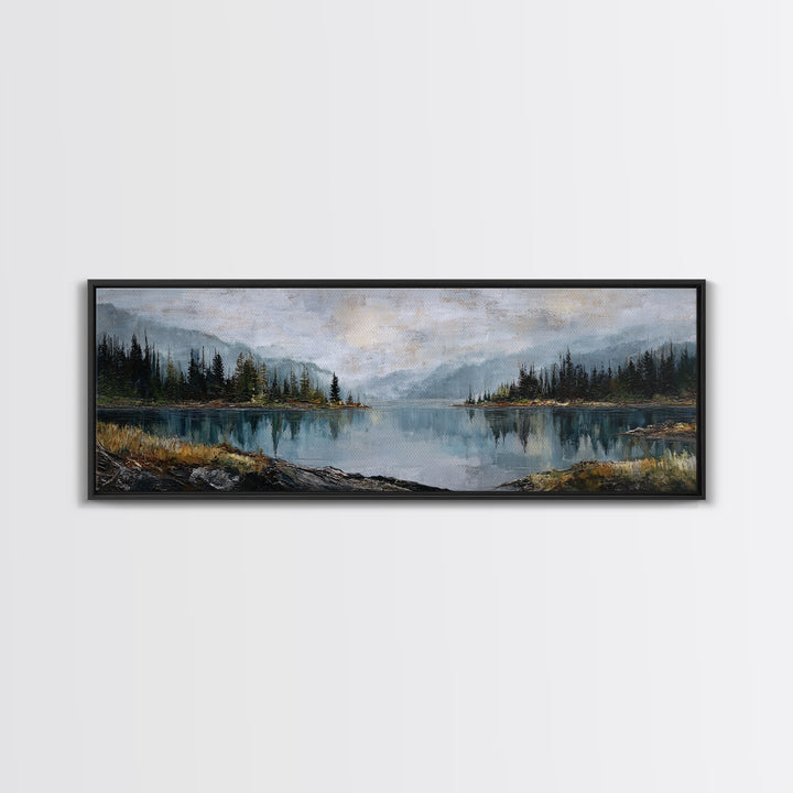 Misty Mountain Lake Canvas Print, Nature Art, Mountain Art, Living Room Decor, Oil Painting, Nature, Minimalist Decor, NAT-3x1-93