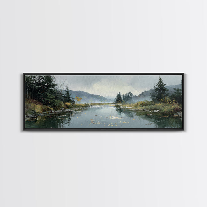 Autumn Leaves Floating on Quiet Stream Canvas Print, Nature Art, Modern Wall Art, Living Room Decor, Watercolor Art, Nature, NAT-3x1-94