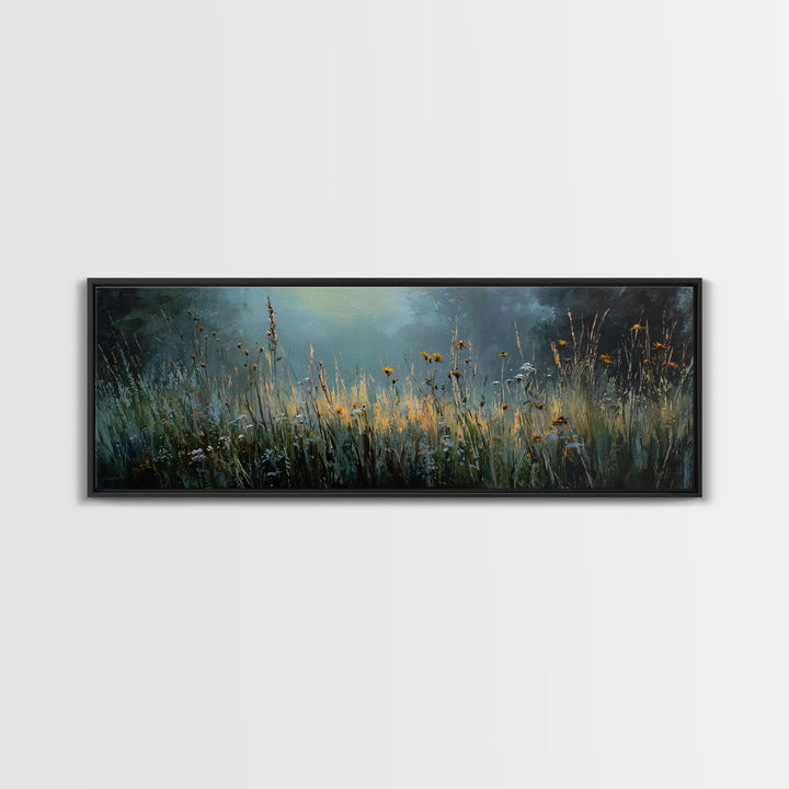Sunrise Through Tall Grass and Wildflowers Framed Canvas Print, Nature Art, Living Room Decor, Oil Painting, Nature, NAT-3x1-99