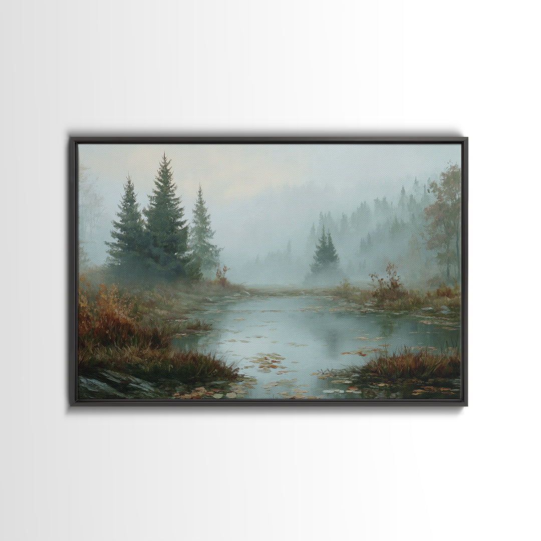 Autumn Leaves Floating on Quiet Stream Framed Canvas Print, Nature Art, Framed Art, Living Room Decor, Fine Art, Nature, NAT-3x2-10