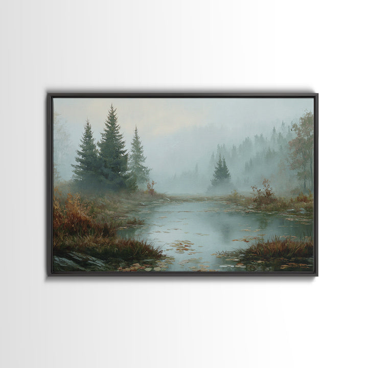 Autumn Leaves Floating on Quiet Stream Framed Canvas Print, Nature Art, Framed Art, Living Room Decor, Fine Art, Nature, NAT-3x2-10