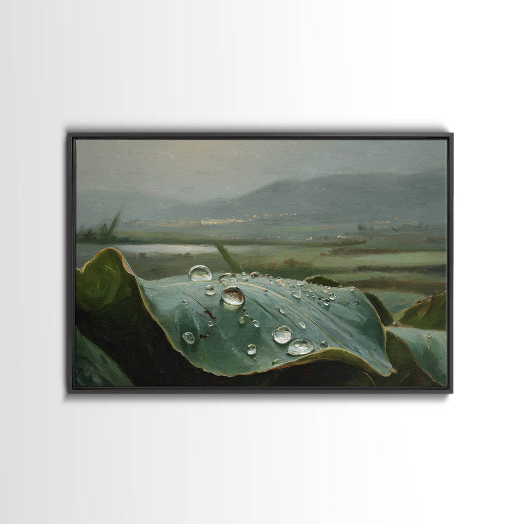 Rain Drops on a Large Green Leaf Framed Canvas Print, Nature Art, 3d Wall Art, Living Room Decor, Watercolor Art, Nature, NAT-3x2-13