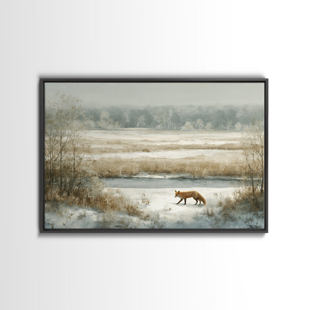 Fox Crossing a Snowy Forest Clearing Framed Canvas Print, Nature Art, Living Room Decor, Oil Painting, Nature, NAT-3x2-14