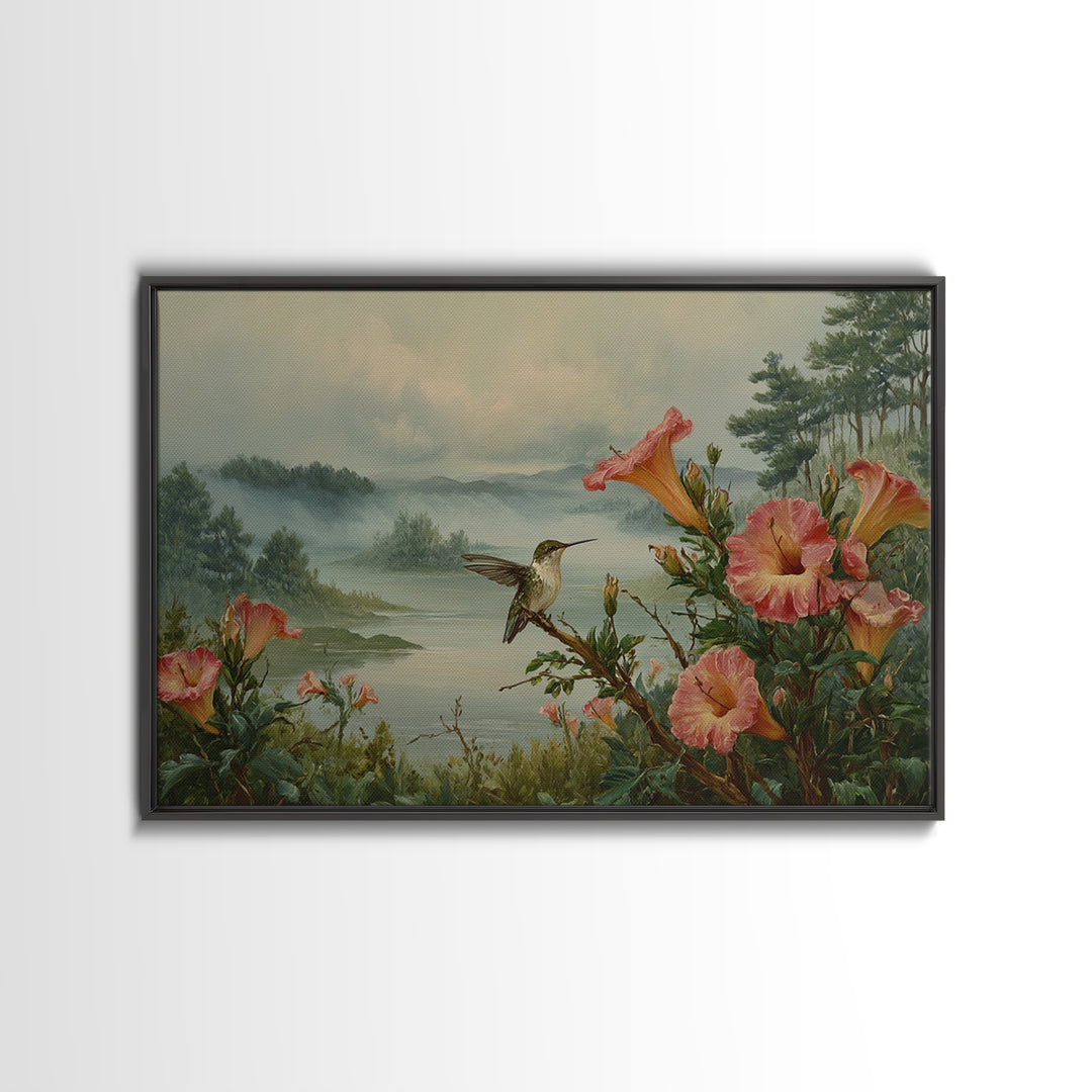 Hummingbird Beside Bright Trumpet Flowers Canvas Print, Nature Art, Living Room Decor, Watercolor Art, Nature, Ocean Art, NAT-3x2-16