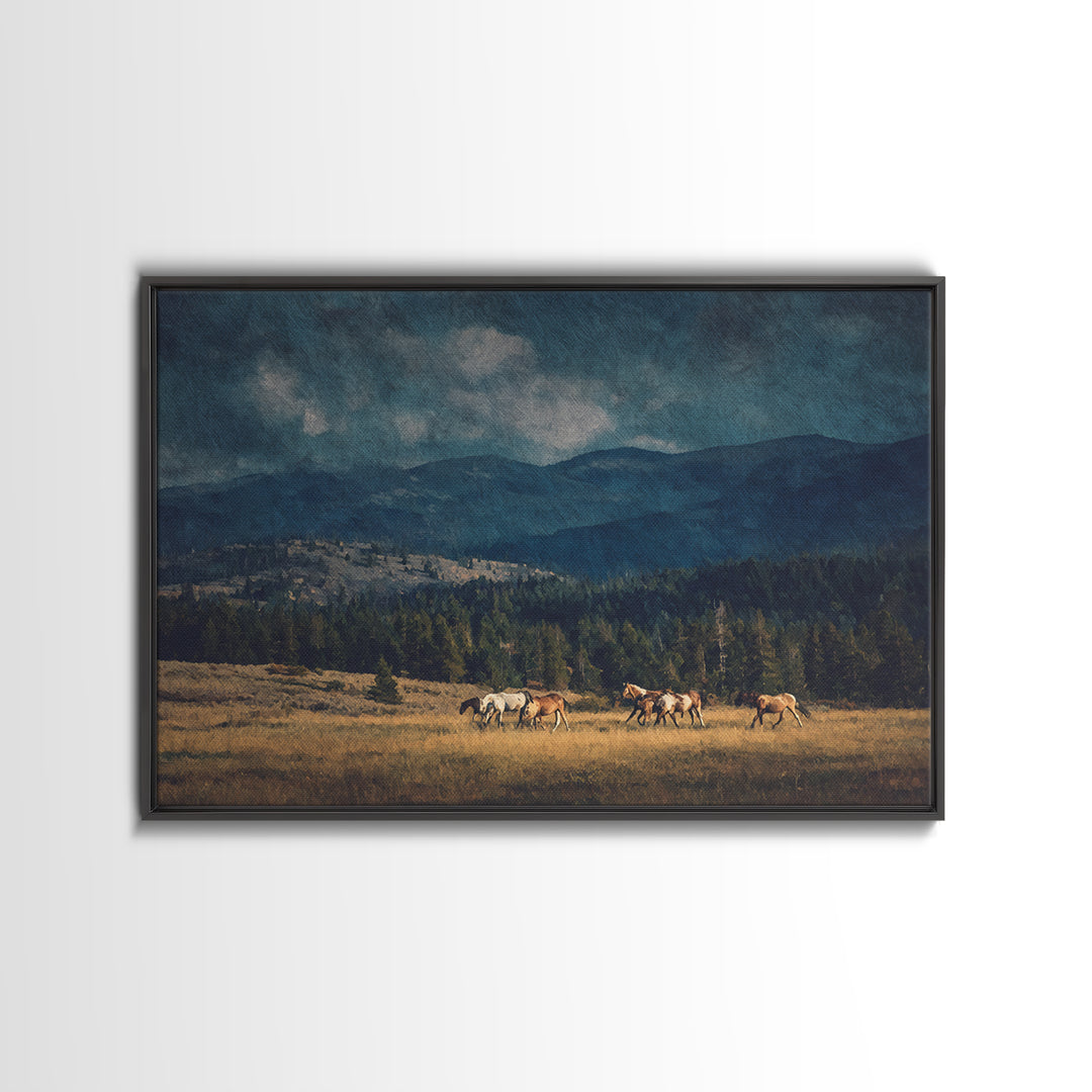 Wild Horses Running Near Mountain Ridge Framed Canvas Print, Nature Art, Wall Decor, Living Room Decor, Fine Art, Nature, NAT-3x2-2