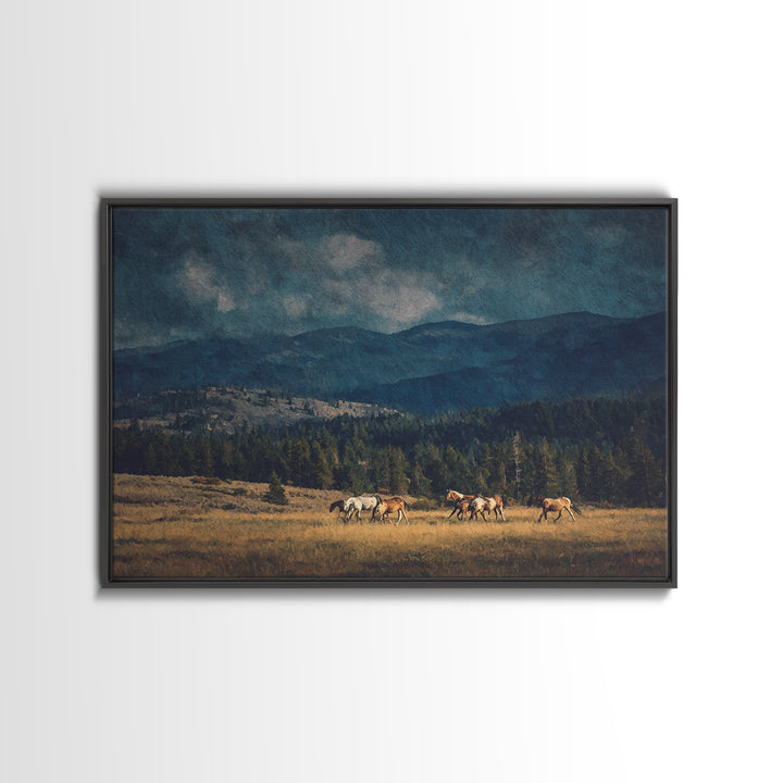 Wild Horses Running Near Mountain Ridge Framed Canvas Print, Nature Art, Wall Decor, Living Room Decor, Fine Art, Nature, NAT-3x2-2