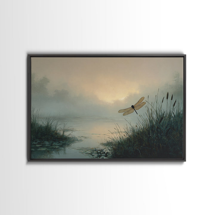 Dragonfly over a Pond with Reeds Canvas Print, Nature Art, Original Painting, Living Room Decor, Oil Painting, Nature, NAT-3x2-22