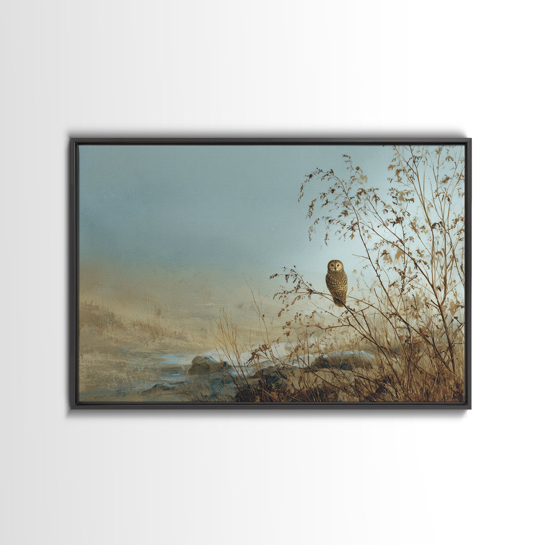 Owl in Moonlit Branches Framed Canvas Print, Nature Art, Watercolor Painting, Living Room Decor, Oil Painting, Nature, NAT-3x2-23