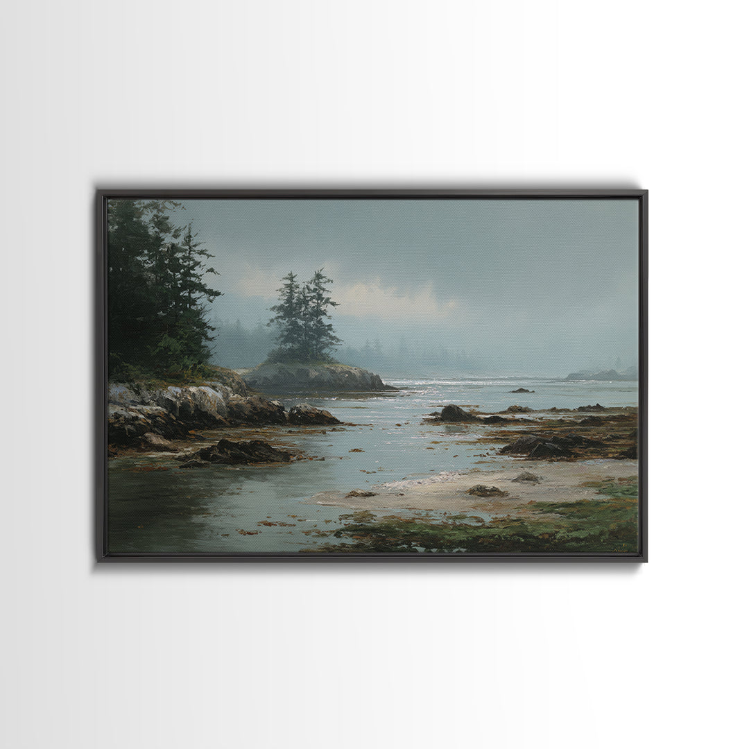 Calm Beach Tide Pooling Around Rocks Framed Canvas Print, Nature Art, Artwork, Living Room Decor, Nature, Landscape Art, NAT-3x2-28