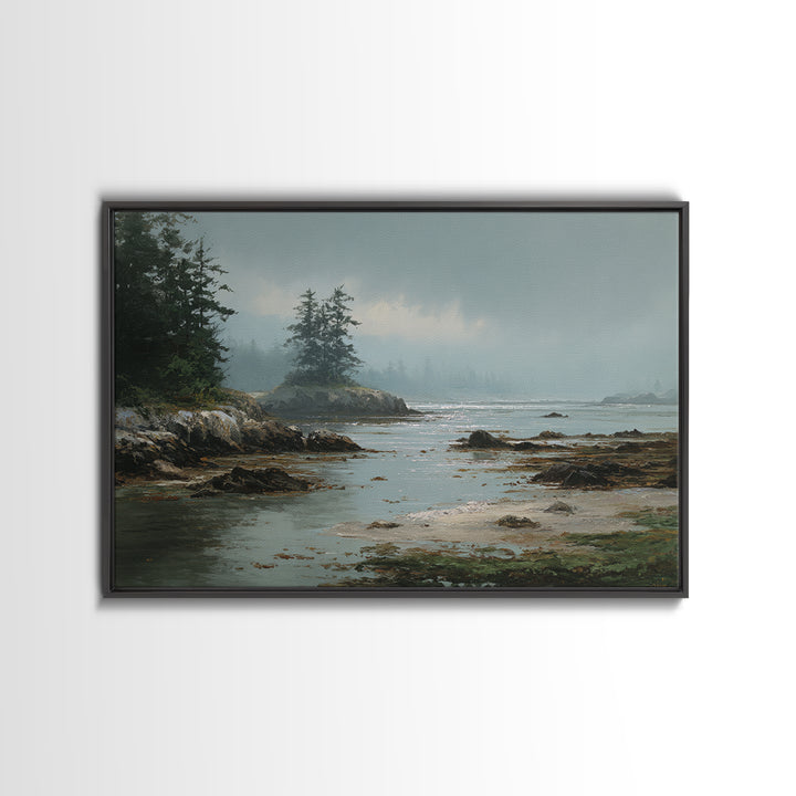 Calm Beach Tide Pooling Around Rocks Framed Canvas Print, Nature Art, Artwork, Living Room Decor, Nature, Landscape Art, NAT-3x2-28