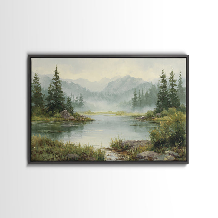 Misty Mountain Lake Canvas Print, Nature Art, Stained Glass Art, Living Room Decor, Nature, Modern Decor, Fine Art Print, NAT-3x2-33