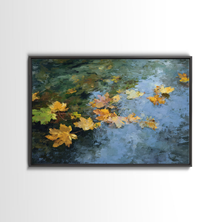 Autumn Leaves Floating on Quiet Stream Canvas Print, Nature Art, Modern Wall Art, Living Room Decor, Watercolor Art, Nature, NAT-3x2-34