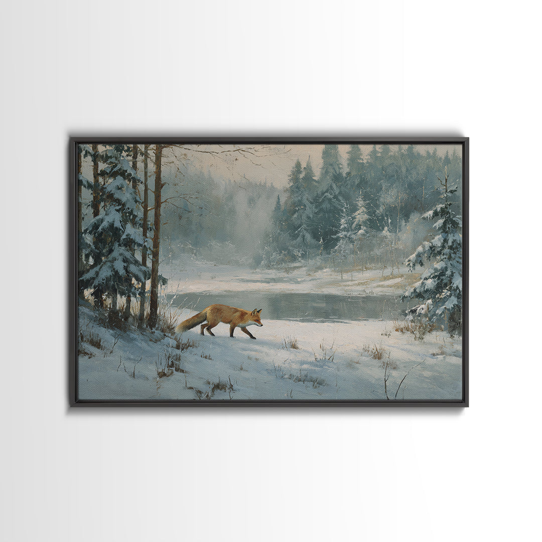 Fox Crossing a Snowy Forest Clearing Canvas Print, Nature Art, Wood Wall Art, Living Room Decor, Nature, Digital Download Art, NAT-3x2-38