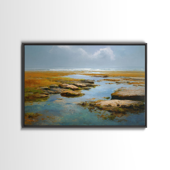 Calm Beach Tide Pooling Around Rocks Canvas Print, Nature Art, Living Room Decor, Oil Painting, Nature, Modern Wall Art, NAT-3x2-4