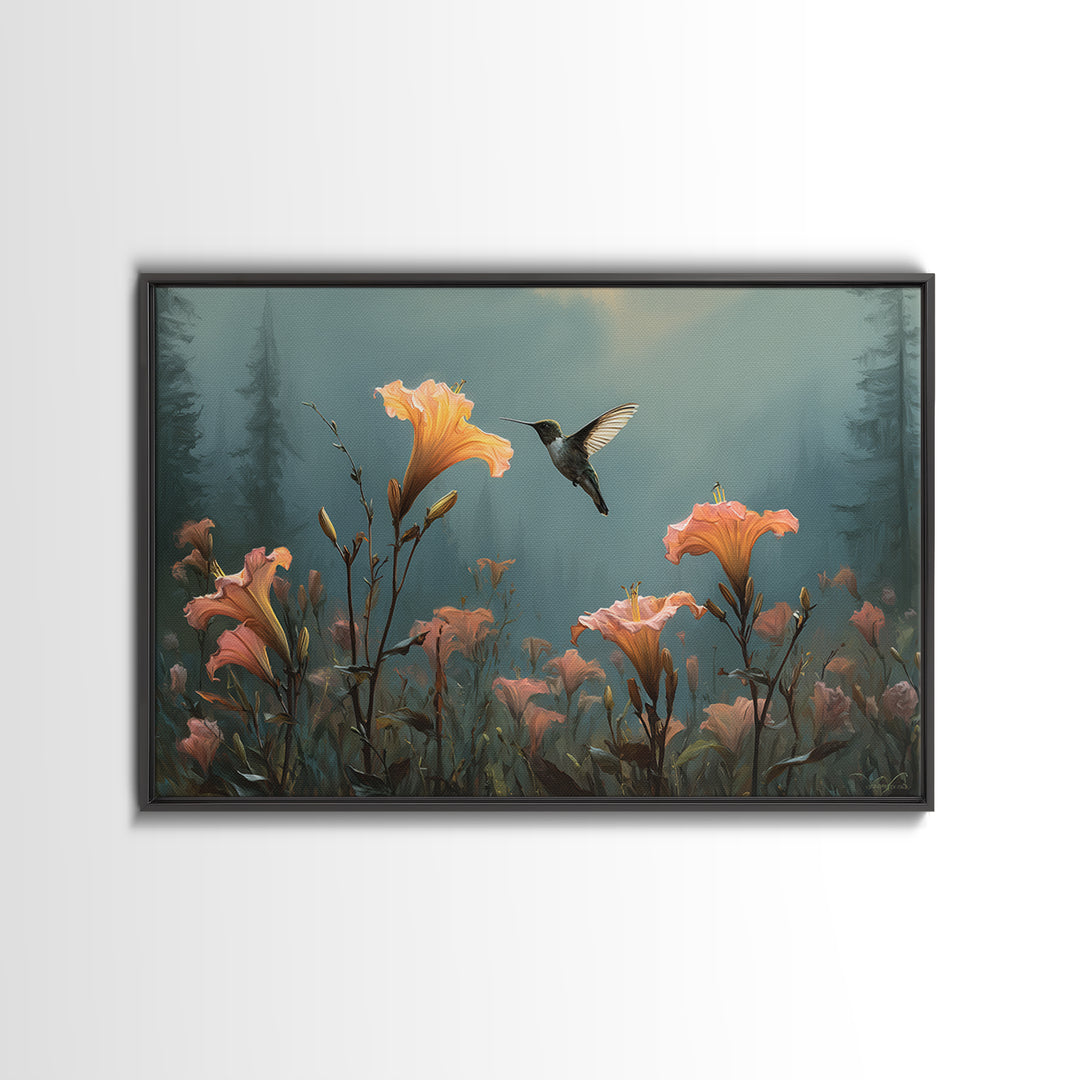 Hummingbird Beside Bright Trumpet Flowers Canvas Print, Nature Art, Living Room Wall Art, Living Room Decor, Nature, NAT-3x2-40
