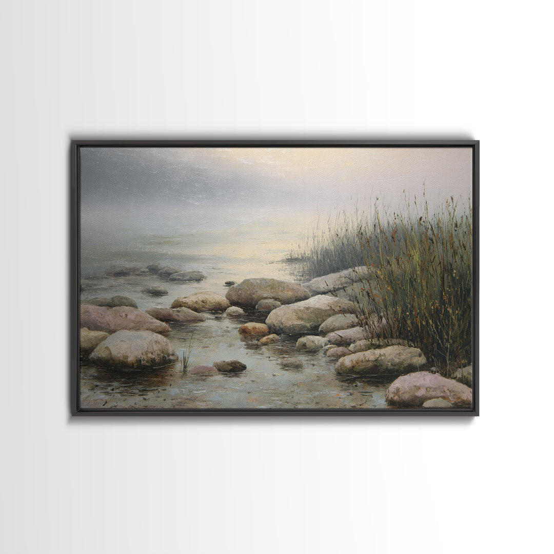 River Stones under Clear Shallow Water Framed Canvas Print, Nature Art, Moss Art, Living Room Decor, Watercolor Art, Nature, NAT-3x2-41