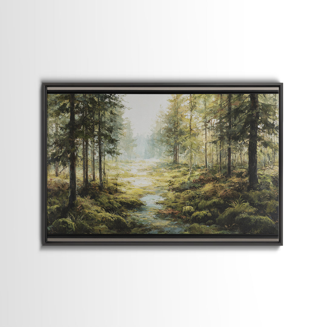 Sunlit Forest Path Framed Canvas Print, Nature Art, Living Room Wall Art, Living Room Decor, Oil Painting, Nature, NAT-3x2-5