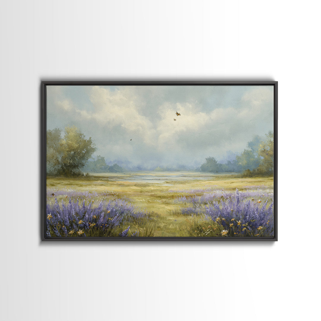 Bees Circling Lavender Blossoms Canvas Print, Nature Art, Digital Download Art, Living Room Decor, Nature, Luxury Decor, NAT-3x2-51