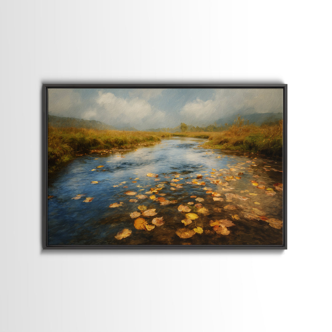 Autumn Leaves Floating on Quiet Stream Canvas Print, Nature Art, Modern Wall Art, Living Room Decor, Watercolor Art, Nature, NAT-3x2-58