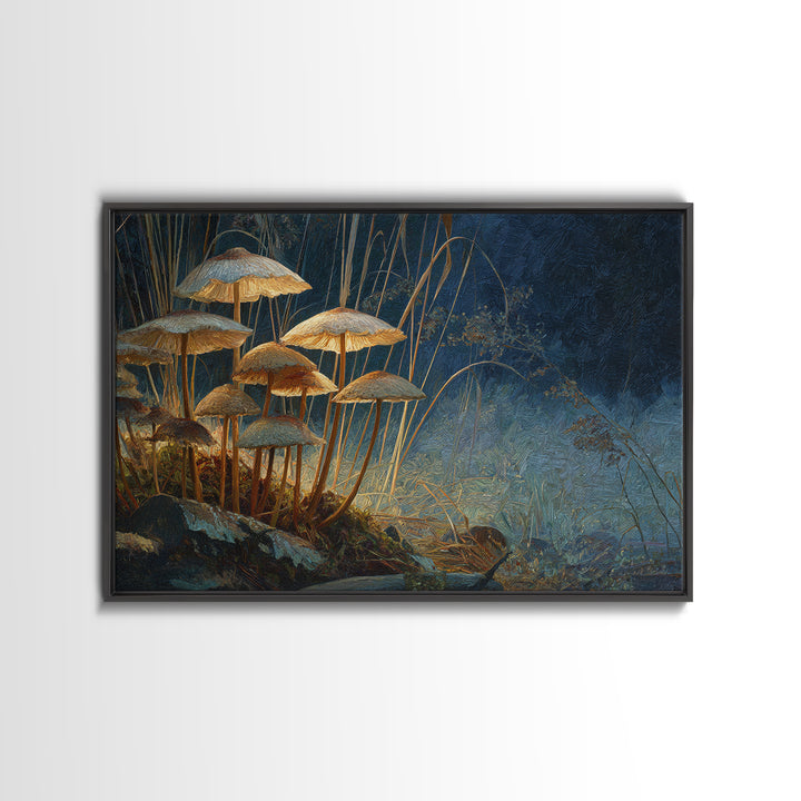 Mushroom Cluster in Enchanted Woodland Framed Canvas Print, Nature Art, Art Print, Living Room Decor, Oil Painting, Nature, NAT-3x2-59