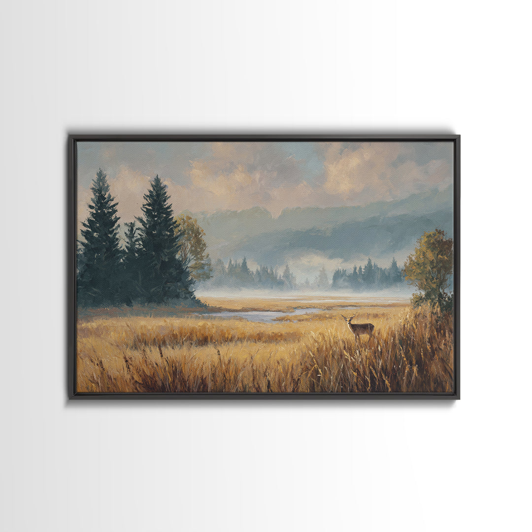 Deer Standing in a Golden Field Framed Canvas Print, Nature Art, Mountain Art, Living Room Decor, Nature, Minimalist Decor, NAT-3x2-60