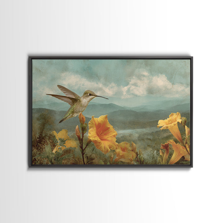 Hummingbird Beside Bright Trumpet Flowers Framed Canvas Print, Nature Art, Gallery Decor, Living Room Decor, Fine Art, Nature, NAT-3x2-64
