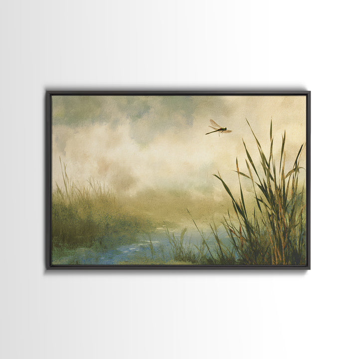 Dragonfly over a Pond with Reeds Framed Canvas Print, Nature Art, Abstract Wall Art, Living Room Decor, Fine Art, Nature, NAT-3x2-70