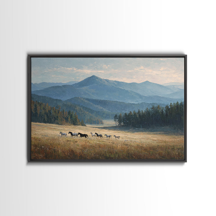 Wild Horses Running Near Mountain Ridge Framed Canvas Print, Nature Art, 3d Wall Art, Living Room Decor, Fine Art, Nature, NAT-3x2-74