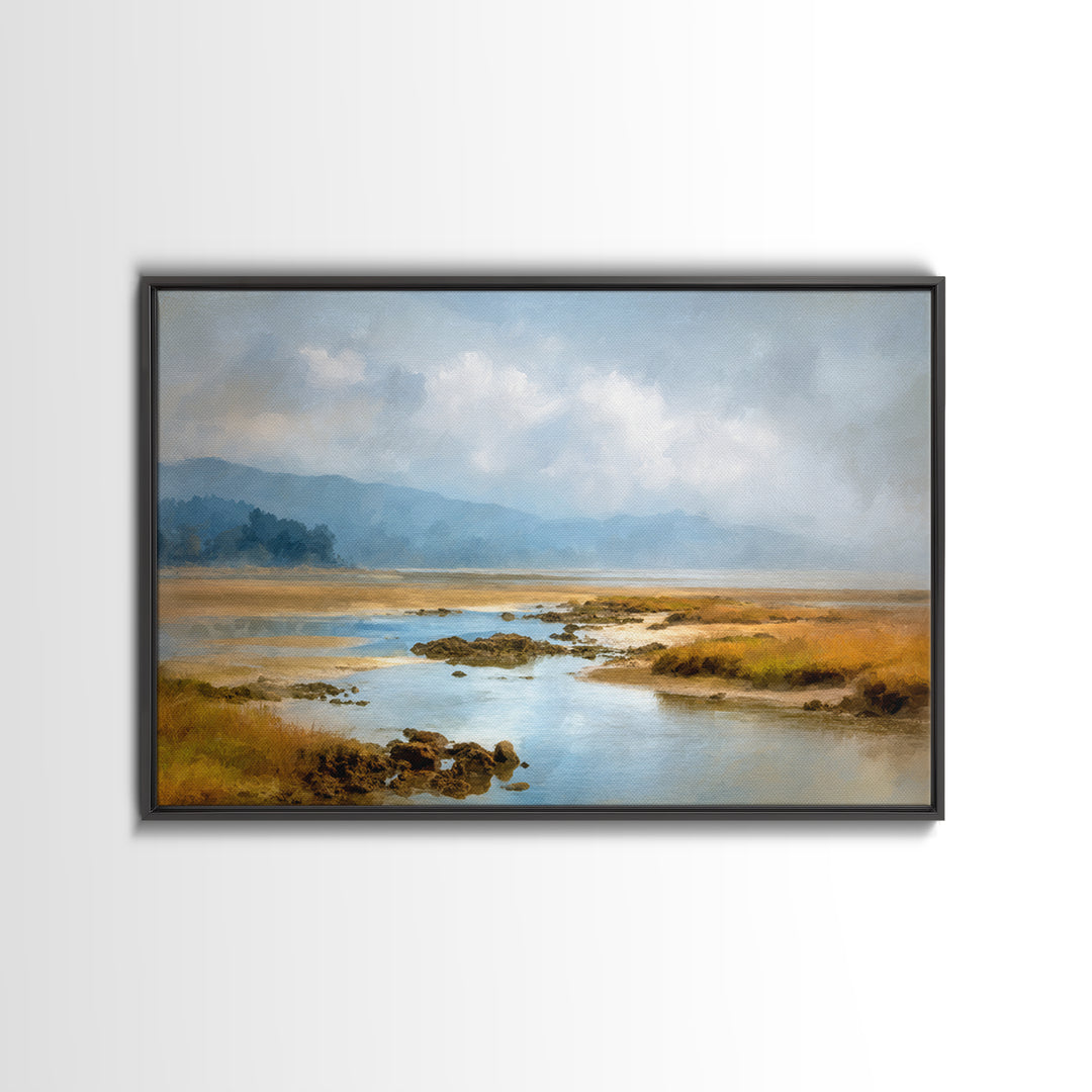 Calm Beach Tide Pooling Around Rocks Canvas Print, Nature Art, Nature Wall Art, Living Room Decor, Watercolor Art, Nature, NAT-3x2-76