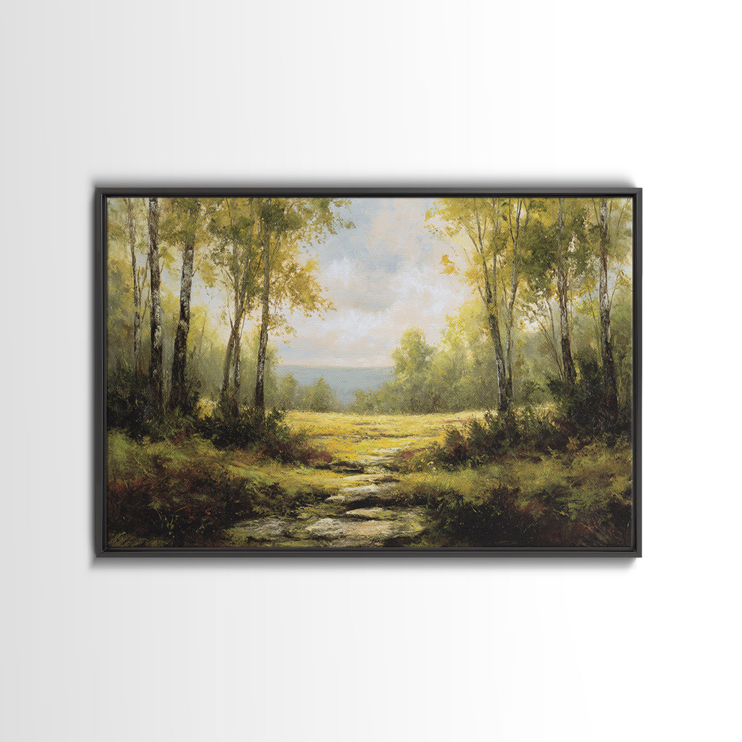 Sunlit Forest Path Framed Canvas Print, Nature Art, Gallery Decor, Living Room Decor, Fine Art, Nature, Contemporary Art, NAT-3x2-77