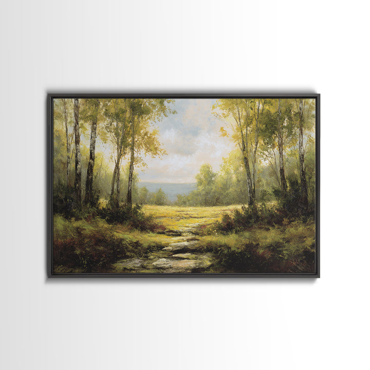 Sunlit Forest Path Framed Canvas Print, Nature Art, Gallery Decor, Living Room Decor, Fine Art, Nature, Contemporary Art, NAT-3x2-77