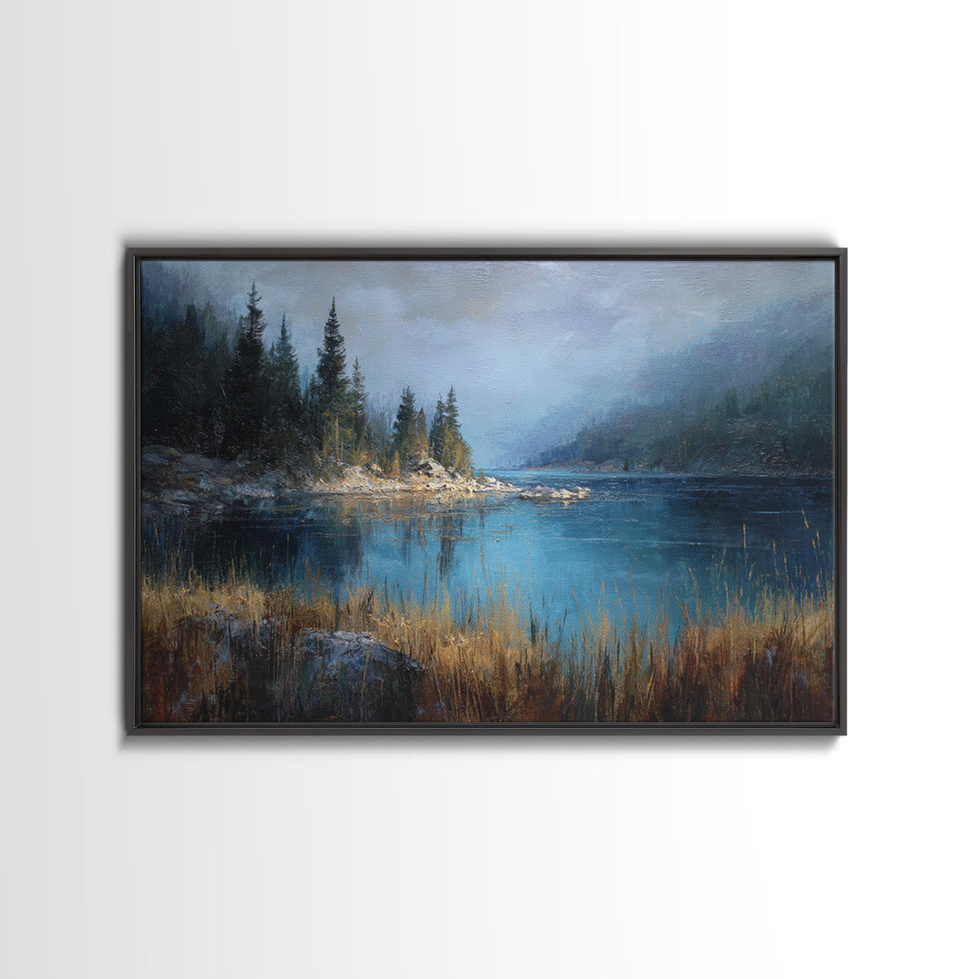 Misty Mountain Lake Framed Canvas Print, Nature Art, Ocean Art, Living Room Decor, Fine Art, Nature, Art Print, NAT-3x2-81