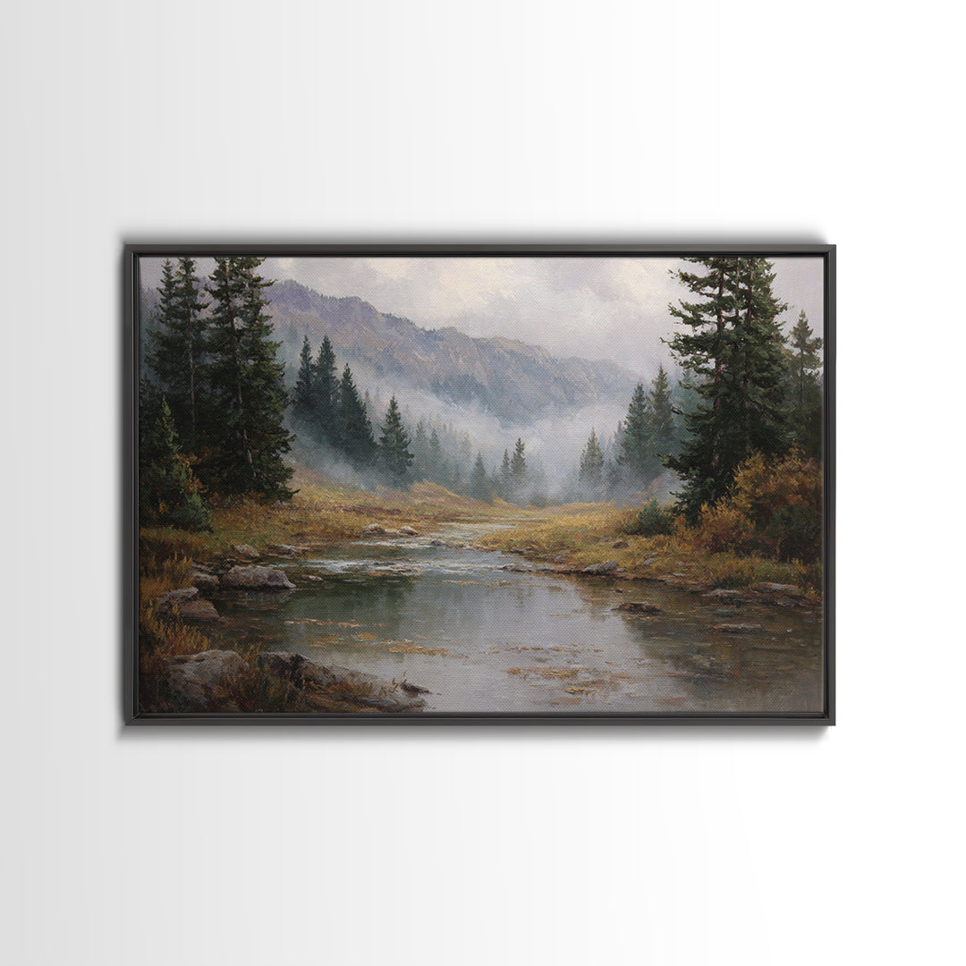 Autumn Leaves Floating on Quiet Stream Framed Canvas Print, Nature Art, Landscape Art, Living Room Decor, Oil Painting, Nature, NAT-3x2-82