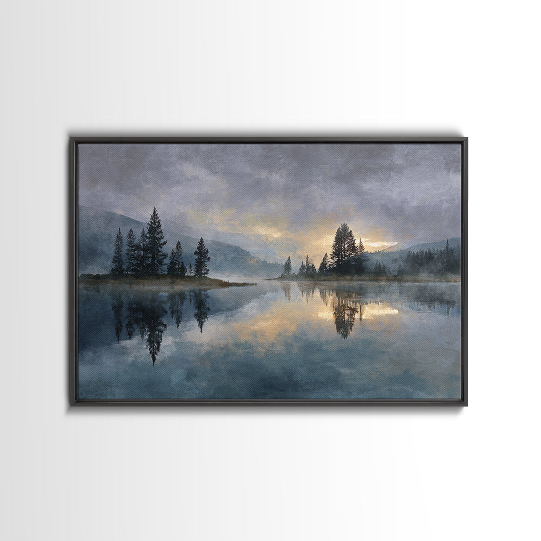 Misty Mountain Lake Framed Canvas Print, Nature Art, Abstract Wall Art, Living Room Decor, Oil Painting, Nature, Bird Wall Art, NAT-3x2-9