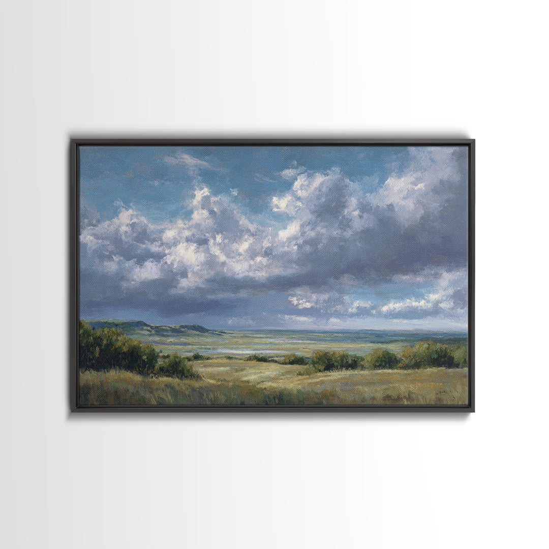 Storm Clouds over a Rolling Prairie Framed Canvas Print, Nature Art, Living Room Wall Art, Living Room Decor, Fine Art, Nature, NAT-3x2-90
