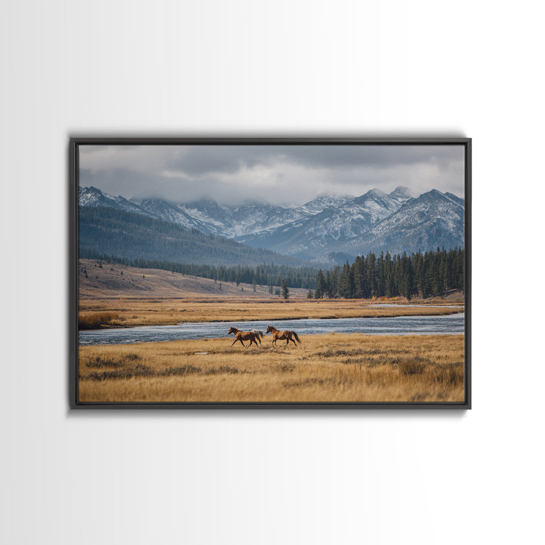 Wild Horses Running Near Mountain Ridge Canvas Print, Nature Art, Mountain Wall Art, Living Room Decor, Oil Painting, Nature, NAT-3x2-98