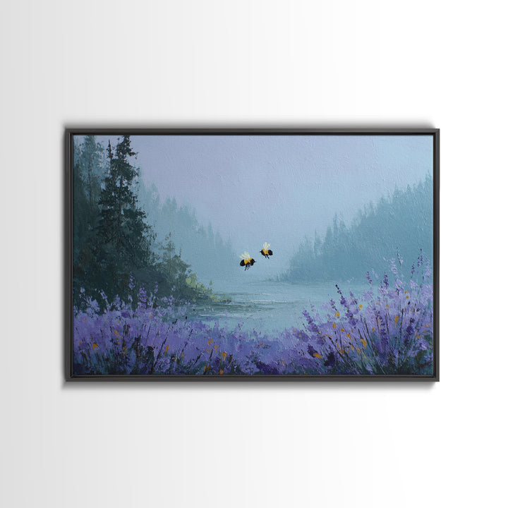 Bees Circling Lavender Blossoms Framed Canvas Print, Nature Art, Minimalist Decor, Living Room Decor, Fine Art, Nature, NAT-3x2-99