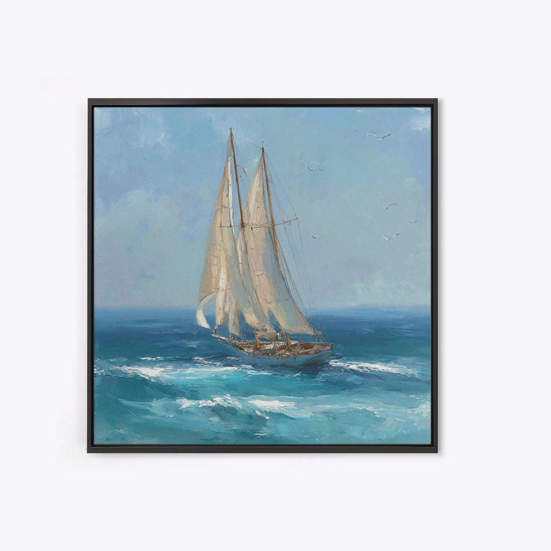 Sailboat Leaning into Wind on Blue Water Framed Canvas Print, Nautical Art, Modern Decor, Coastal Decor, Fine Art, Harbor, NAU-1x1-1