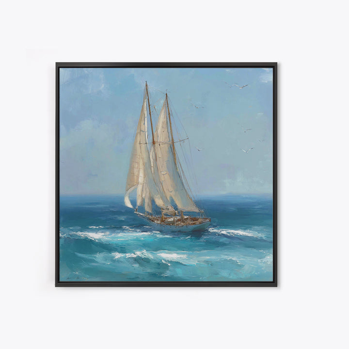 Sailboat Leaning into Wind on Blue Water Framed Canvas Print, Nautical Art, Modern Decor, Coastal Decor, Fine Art, Harbor, NAU-1x1-1