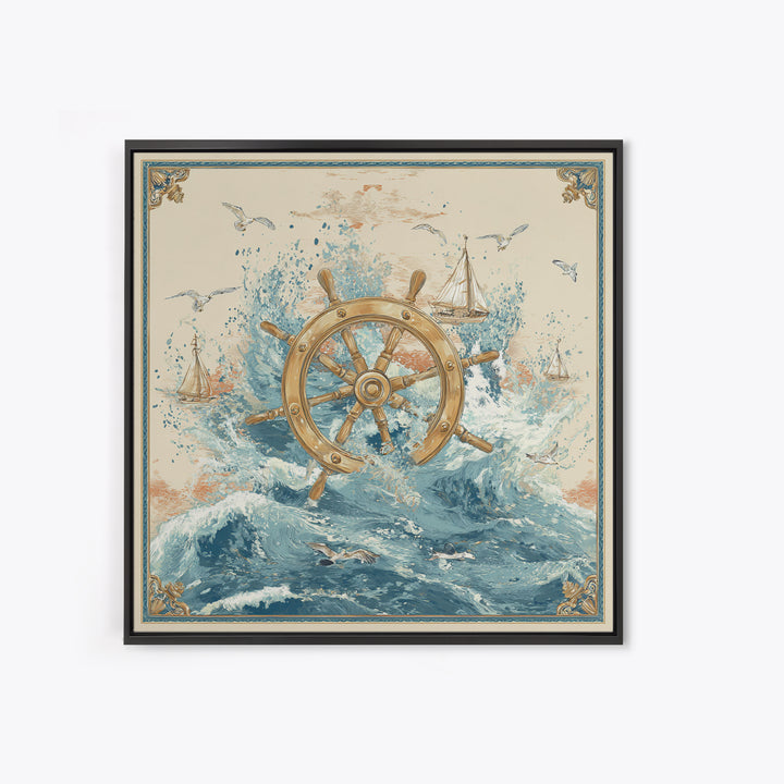Ship Wheel with Sea Spray Background Framed Canvas Print, Nautical Art, Nautical, Coastal Decor, Fine Art, Harbor, Modern Decor, NAU-1x1-39