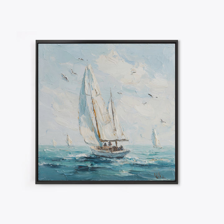 Classic Yacht Racing Through Whitecaps Framed Canvas Print, Nautical Art, Coastal Decor, Oil Painting, Harbor, Fine Art Print, NAU-1x1-43