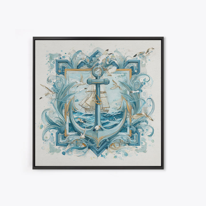 Anchor and Laurel Nautical Crest Without Text Framed Canvas Print, Nautical Art, Textured Painting, Coastal Decor, Harbor, NAU-1x1-53