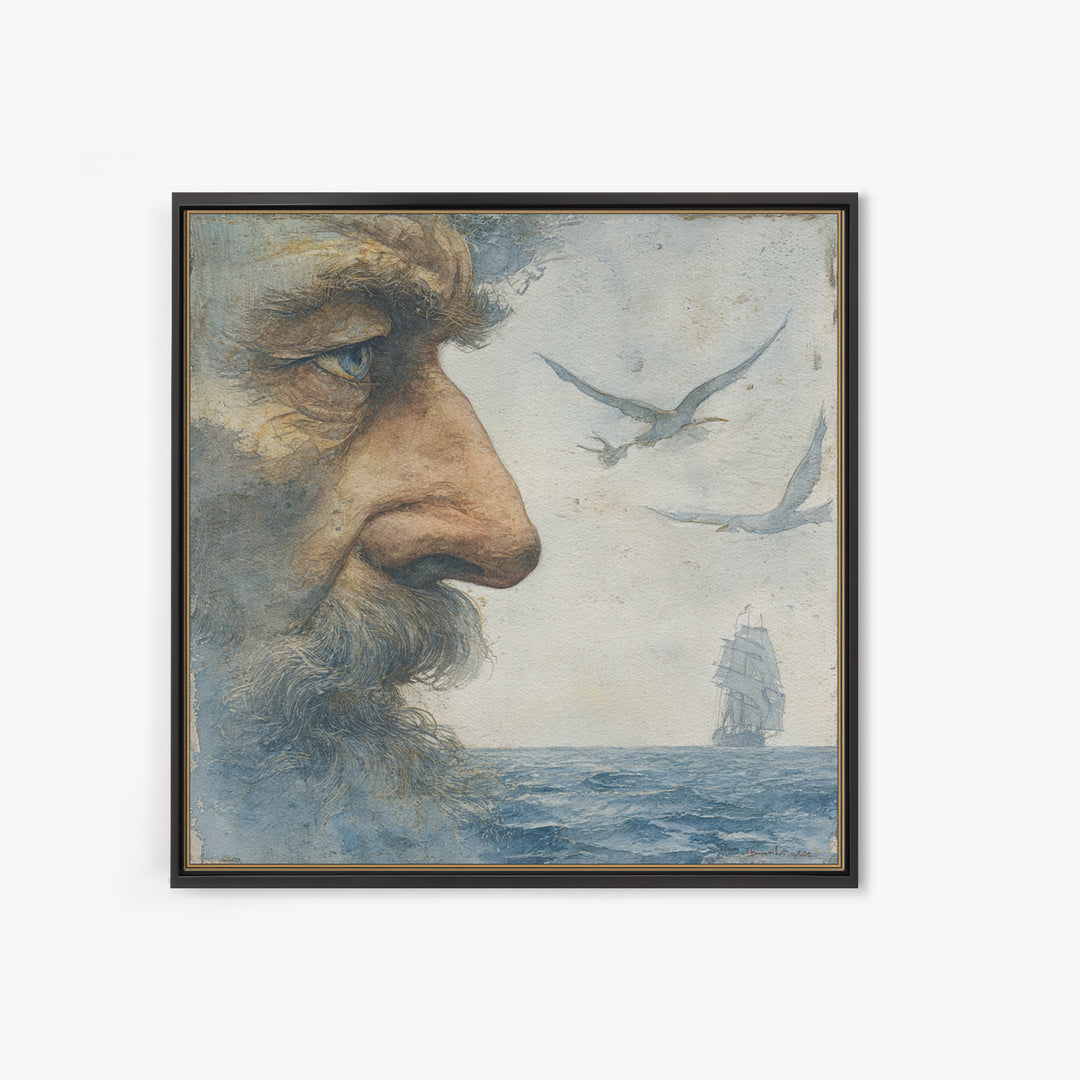 Sea Captain Portrait Framed Canvas Print, Nautical Art, Boho Decor, Coastal Decor, Fine Art, Harbor, Painting, Art Print, NAU-1x1-79