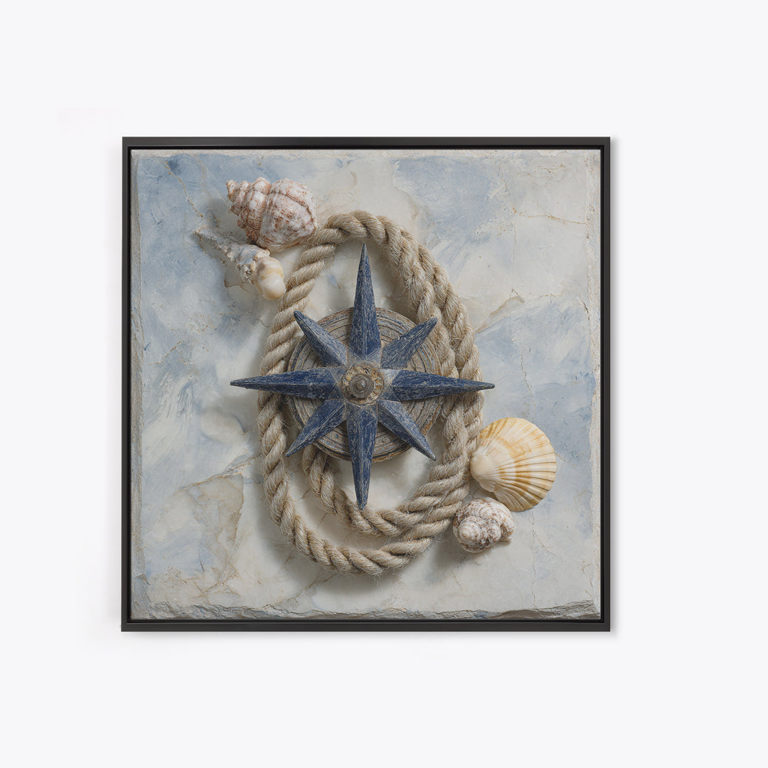 Antique Compass with Rope and Shells Canvas Print, Nautical Art, Textured Painting, Coastal Decor, Fine Art, Harbor, NAU-1x1-98
