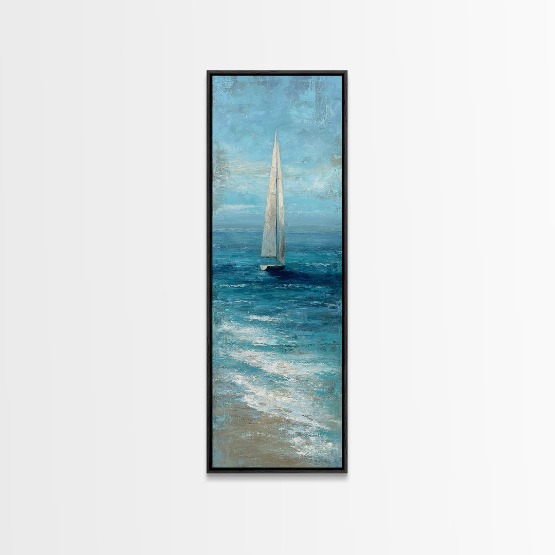 Sailboat Leaning into Wind on Blue Water Canvas Print, Nautical Art, Minimalist Decor, Coastal Decor, Fine Art, Harbor, NAU-1x3-13